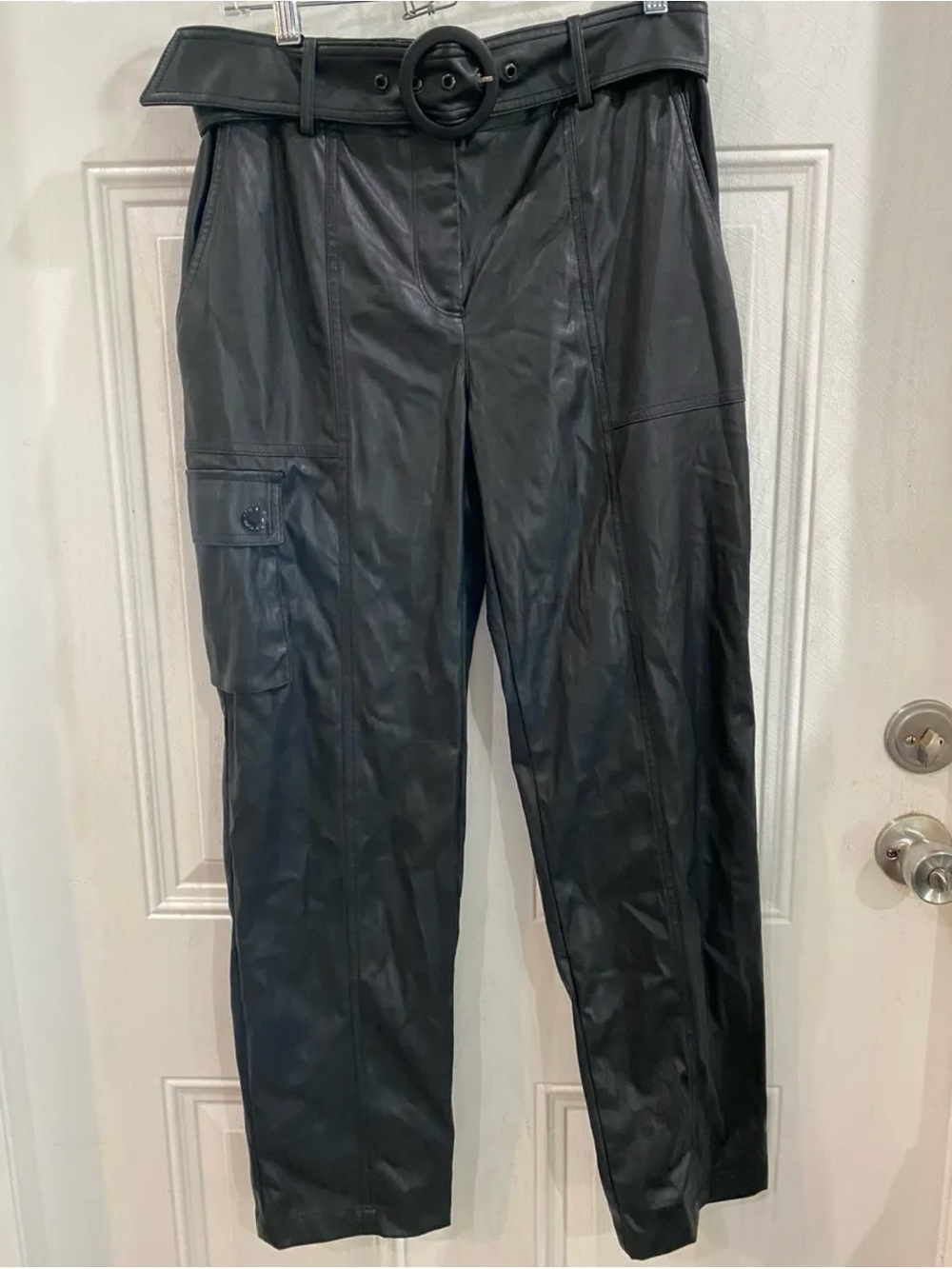 Karl Lagerfeld Faux Leather High-Waist Cargo Pants with Belt Sz 6